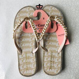 Juicy Couture Beige Tan Brown Flip Flops Gold Crown Women Shoes Size 8 NWT